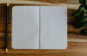 Photo of an open blank notebook lying flat on a wooden surface, with a pencil on the left and a plant on the right.